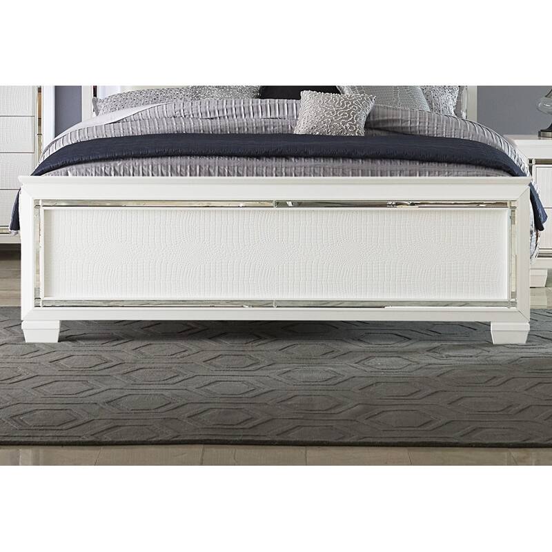 Queen Size Bed with LED Headboard, White Faux Leather, Alligator Embossed Design