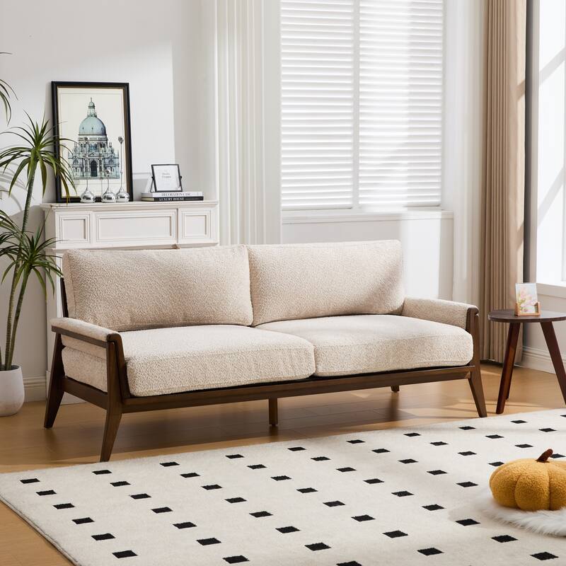 Christopher Knight Home - Mid-Century Modern 3-Seater 74" Upholstered Sofa with Solid Wood Frame - Sesame + Walnut