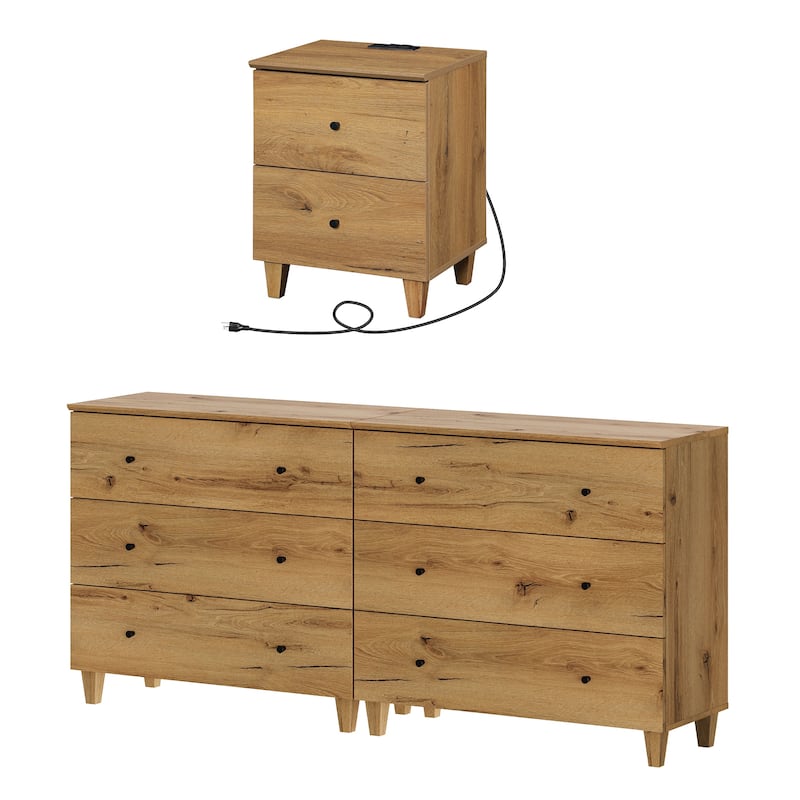 6-Drawer Dresser and Nightstand Set for Bedroom, 70.8" Wide - Oak Brown - 2 Piece