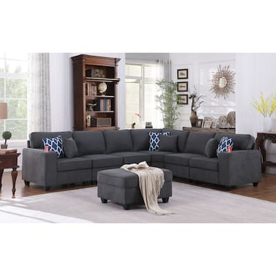 7 Piece Upholstered L-Shape Sectional Sofa with Ottoman in Stone Gray