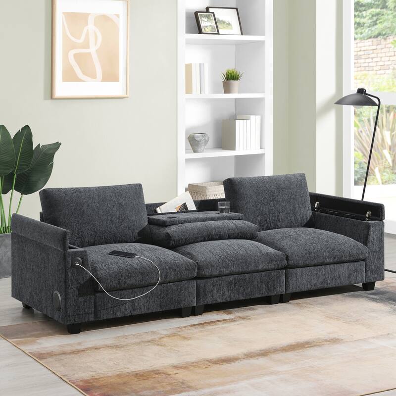 Chenille Sectional Sofa With Bluetooth Speaker,Cloud Couch Set With Drop Down Table,Cup Holders,Usb Charger,Storage Armrest