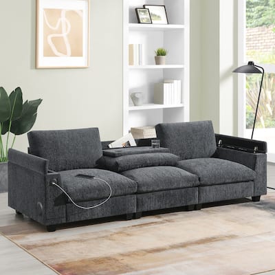 Modern Chenille Sectional Sofa with Fold-Down Table, Bluetooth Speakers, USB Charger, Cup Holders and Hidden Armrest Storage