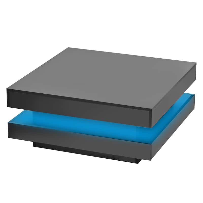 High Gloss Minimalist Design with LED Lights, 2-Tier Square Coffee Table, Center Table for Living Room - Black
