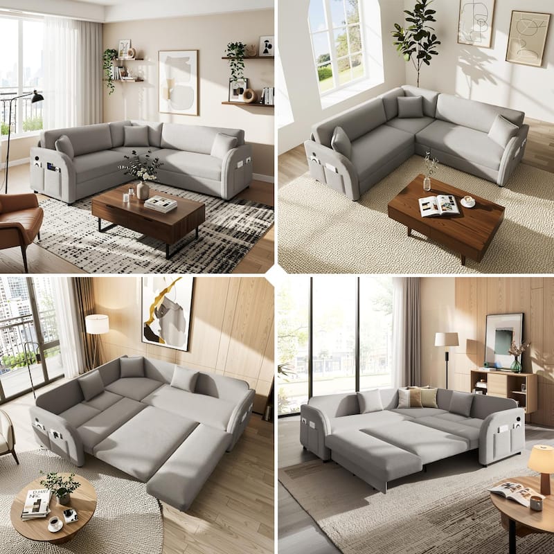 Homy Casa 85"/115" L-Shaped Sectional Sofa Bed USB & Side Pocket, Teddy Fabric Pull-Out Sleeper, Reversible Chaise, Multi Colors