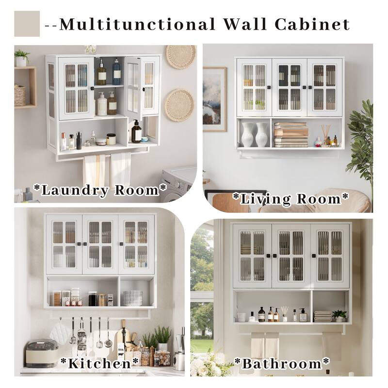 Bathroom Wall Cabinet,3-Door Wooden Cabinet with Open and Hidden Storage Space,Medicine Cabinet with Glass Door and Towel Bar