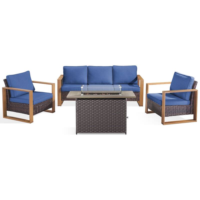 Meyreso Wicker Patio Conversation Set with Fire Pit Table & Olefin Cushions