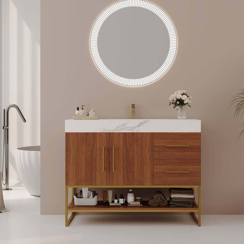 36" Modern Bathroom Vanity - Free Standing with Seamless Ceramic Sink & Gold Accent