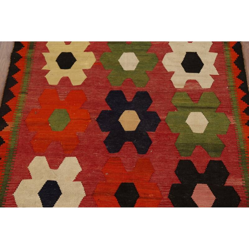 Vegetable Dye Red Geometric Kilim Qashqai Persian Vintage Wool Carpet - 4'10"x 8'0"