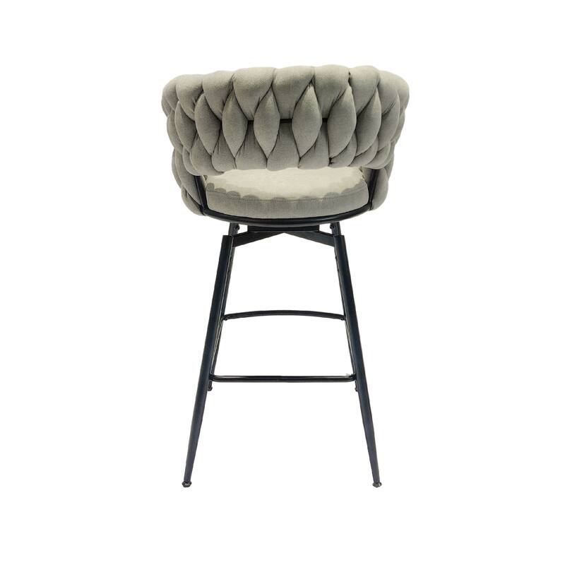 Linen Woven Bar Stool Set of 2, Counter Height Bar Stools with Back, Upholstered Kitchen Island Chairs with Footrest