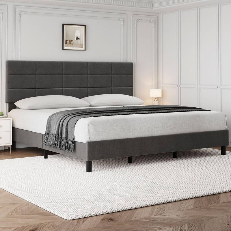 Linen Upholstered Twin Bed Frames with Solid Wooden Slats Support - King