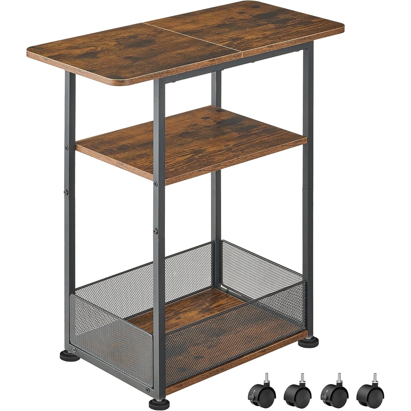 Slim Side Table with 3-Tier Storage, Narrow Design for Small Spaces, 23.6" D x 11.8" W x 25.2" H, Rustic Brown