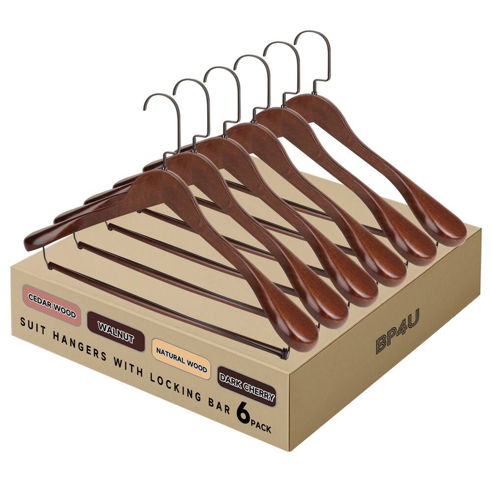 BP4U Premium Wide Shoulder Wooden Suit Hangers, Heavy-Duty Non-Slip Solid Wood Coat Hangers with Locking Pants Bar