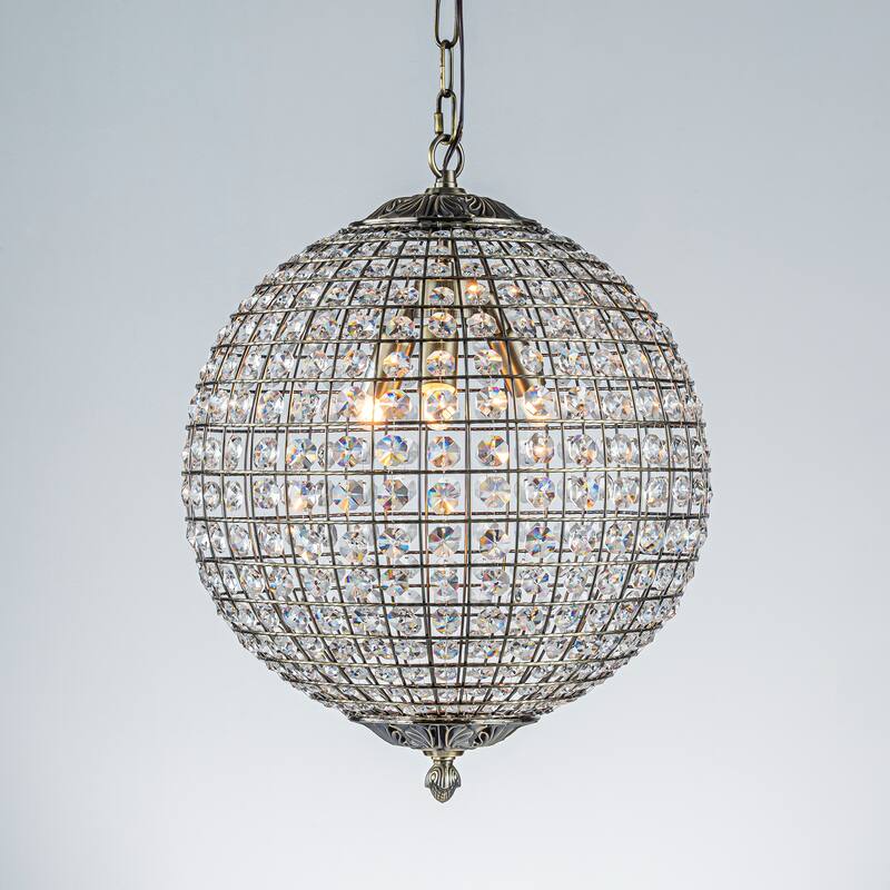 DancyHome 1/3-Light Retro Antique Bronze Crystal Globe Chandelier Small Sphere Pendant Light - W: 15.7"