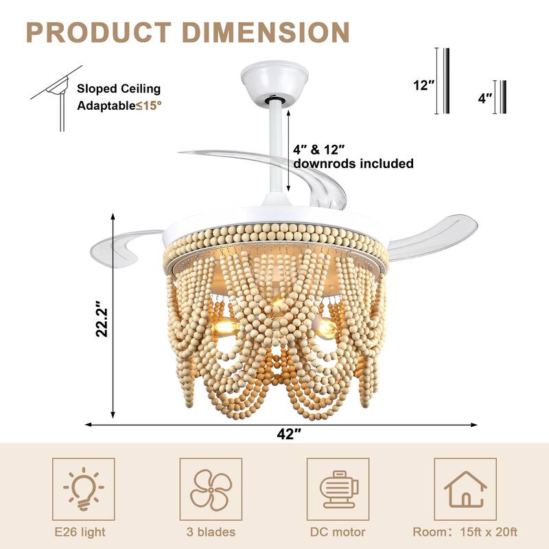 Bella Depot 42" Bohemian Retractable Ceiling Fan with Remote and Light 6-speed Reversible DC Motor