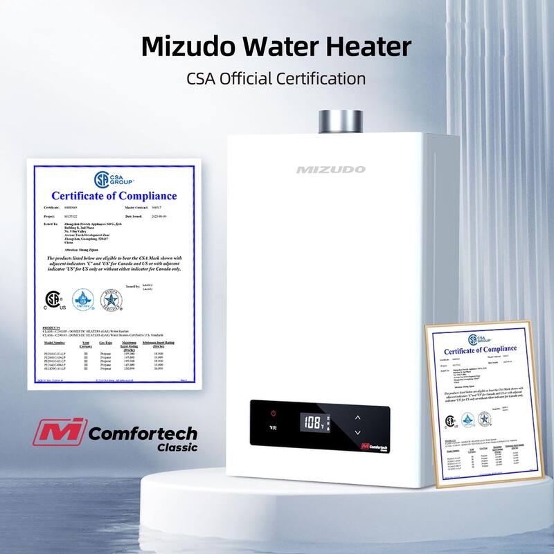 Mizudo Comfortech Classic Instant Hot Gas Tankless Water Heater, Up to 7.5 GPM, Indoor Installation, CSA Certified, White