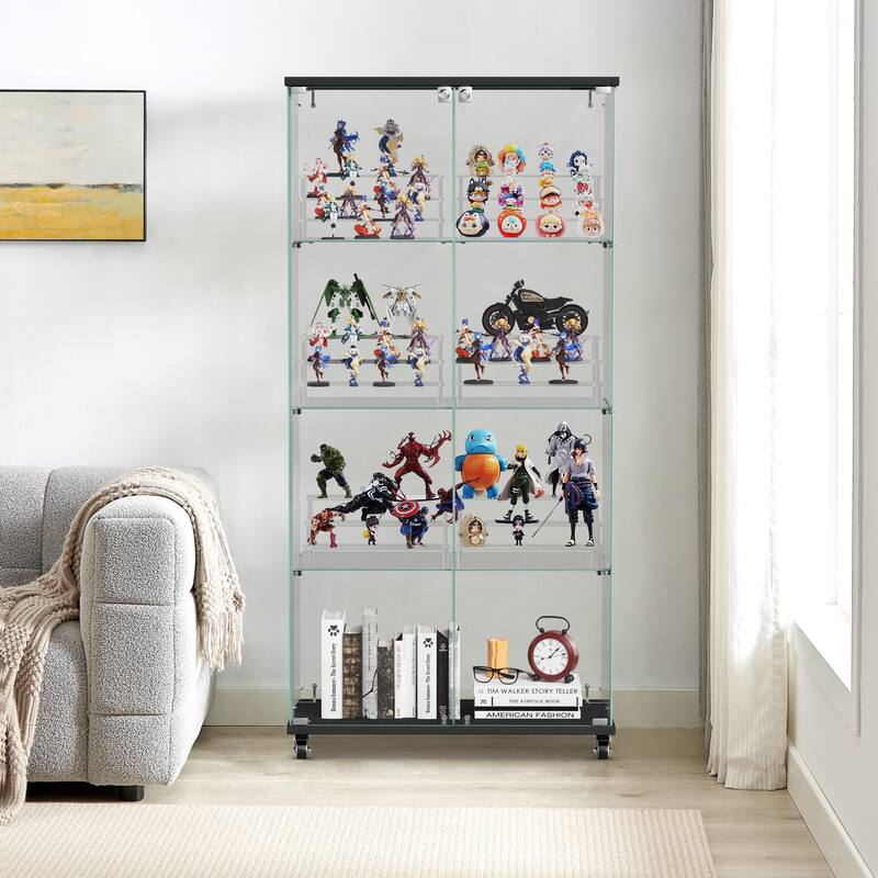 4 Tier Glass Display Cabinet, Double Door Glass Cabinet with Two Locks, Floor Standing Storage Cabinet with 6 Acrylic Shelves