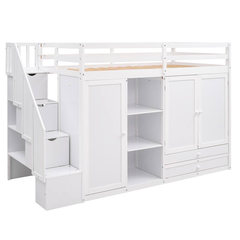 Space-Saving Loft Bed with Shelves, Wardrobes, Drawers, and Storage Ladder, White