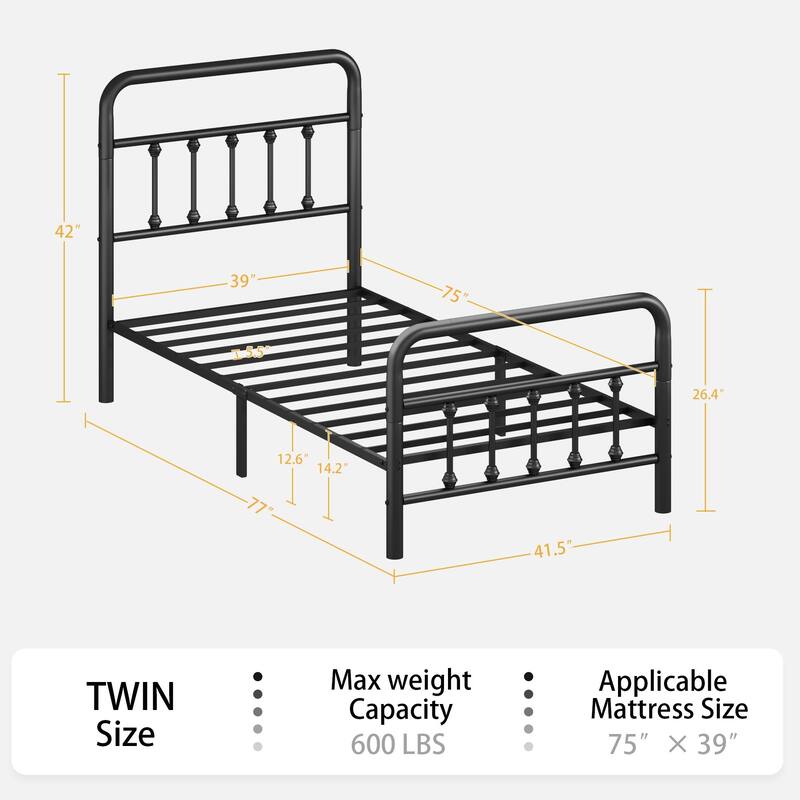 Metal Bed Frame, Twin Size Bed Frame with Headboard,Structurally Stable, Under Bed Storage, No Box Spring Needed