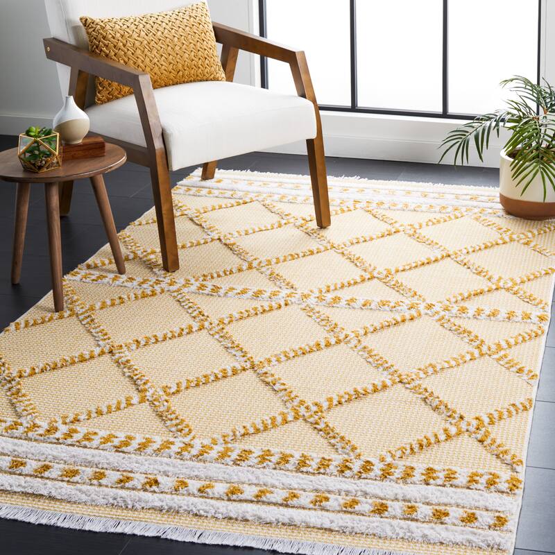 SAFAVIEH Augustine Saori Rustic Trellis Fringe Rug - 9' x 12' - Gold/Ivory