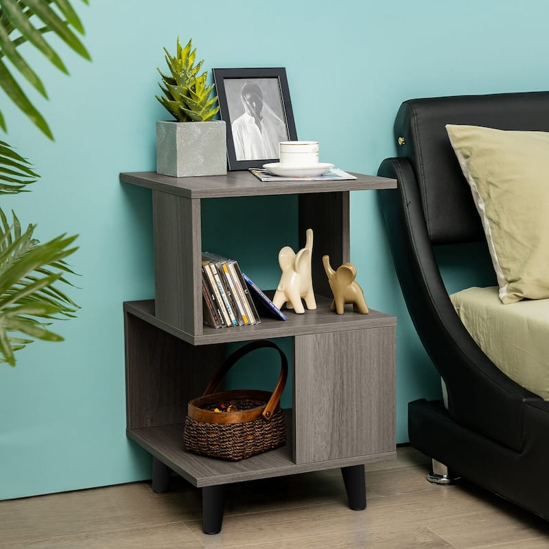 Modern Set of 2 Grey Nightstands with 3 Tier Storage Shelves for Living Room or Bedroom