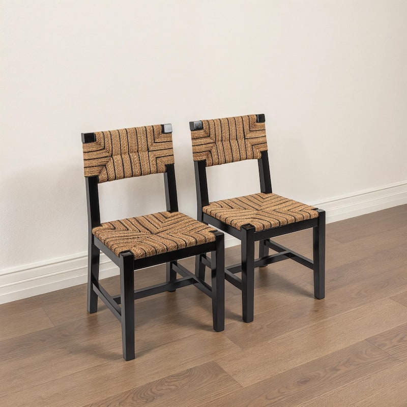 Willowbrook Solid Wood and Natural Woven Seagrass Rope Dining Chair (Set of 2) - Black