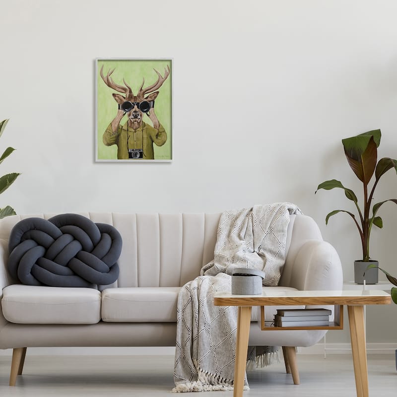Stupell Funny Cute Deer Binoculars Camera Painting Green Background Framed Wall Art - Brown