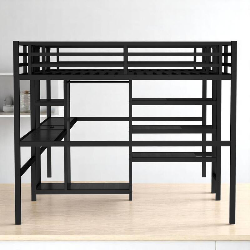 Twin Over Twin Metal Loft Bed with Dual Desks, Wardrobe, Charging Ports & Storage Shelves, Space-Saving Design for Kids & Teens