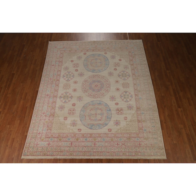 Hand Knotted Oriental 100% Wool Carpet Transitional All-Over Beige & Ivories Oushak Area Rug - 9' 9'' X 8' 1''
