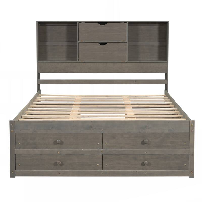 Queen Size Platform Bed with Storage Headboard and 8 Drawers