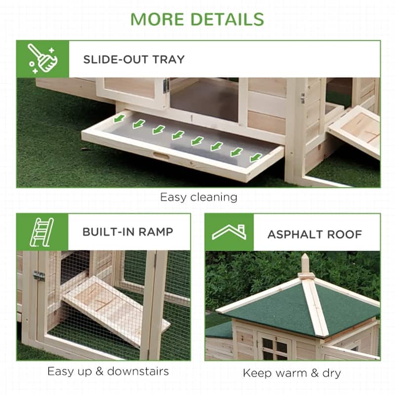Pine Wood Hen House Coop with Nest Box and Run - 77.25" L x 30" W x 38.25" H