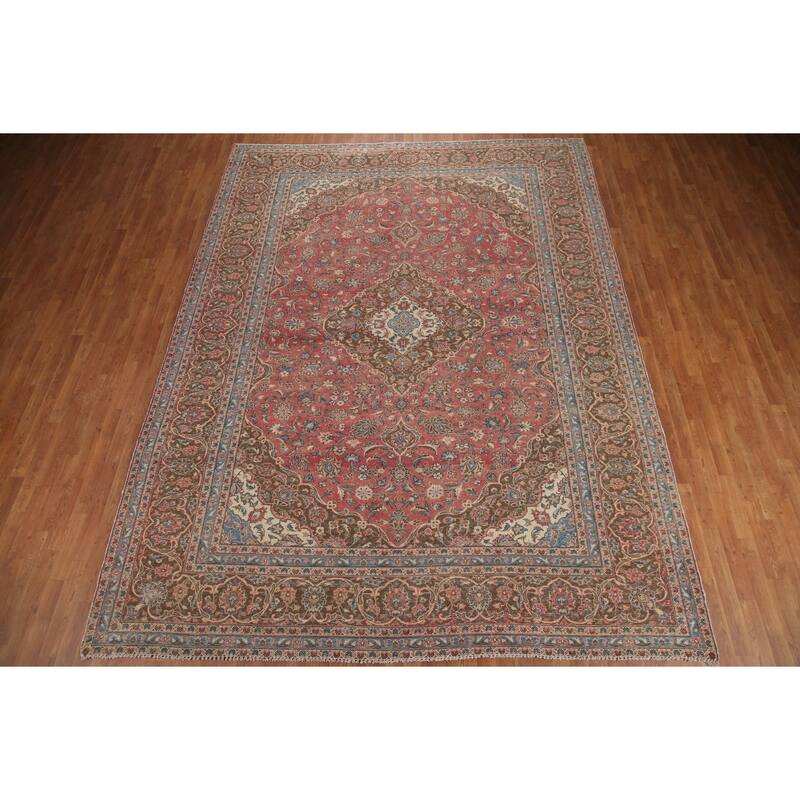 Hand Knotted Oriental 100% Wool Carpet Traditional Floral Pink Kashan Area Rug - 12' 11'' X 9' 7''