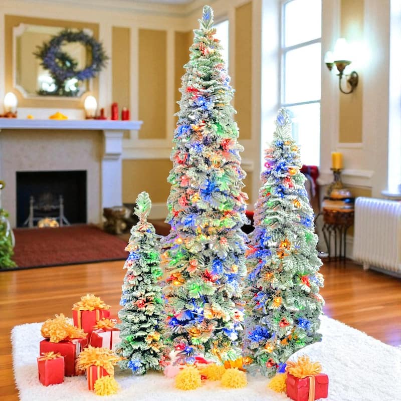 Set of 3 Pre-Lit Pencil Christmas Trees 4ft 6ft 8ft, Flocked Slim Fir, 290 LED Lights, 11 Modes - Green