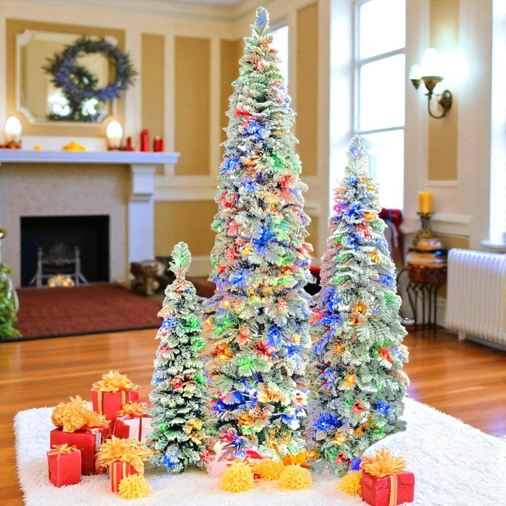 Set of 3 Pre-Lit Pencil Christmas Trees 4ft 6ft 8ft, Flocked Slim Fir, 290 LED Lights, 11 Modes