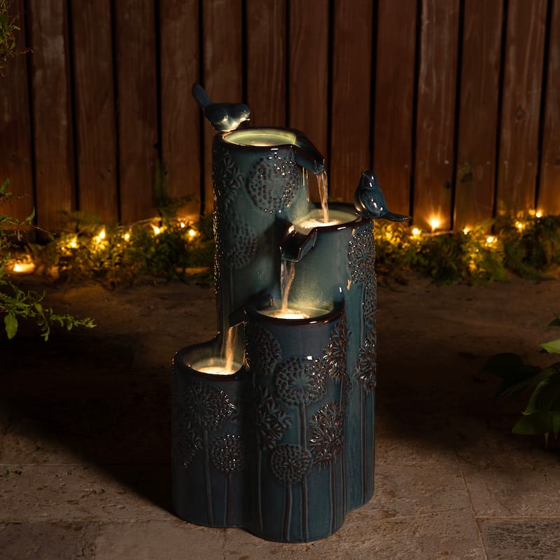 Glitzhome 27" H 4-Tier LED Ceramic Outdoor Floor Fountain with Birds, Cobalt Blue Turquoise Dandelion Texture Vase-Shaped