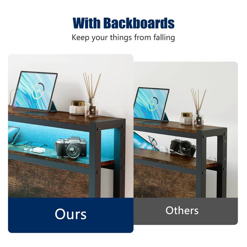 Metal Platform Bed with Storage Shelf Headboard, LED Lights, Charging Station, Noise Free, No Box Spring Needed, Antique Brown