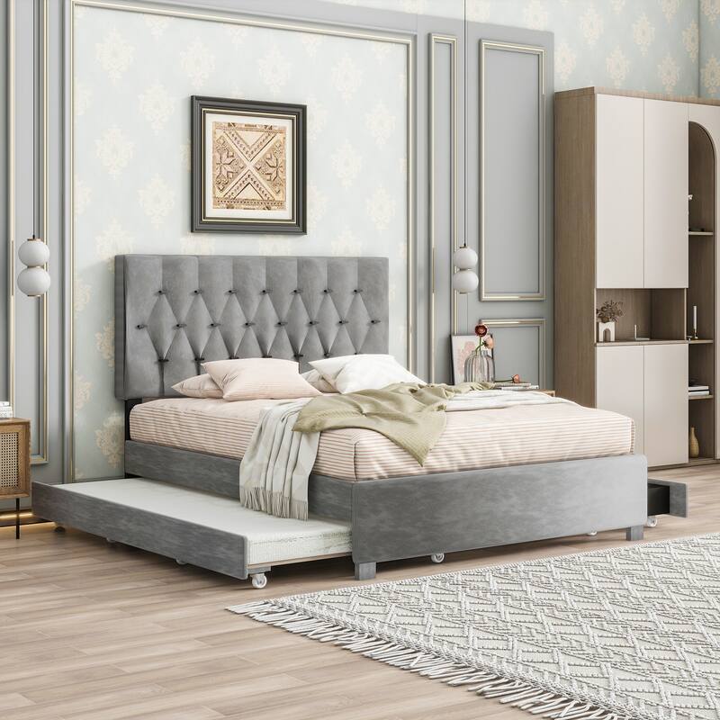 Modern Design Queen Size Platform Bed with Trundle and 2 Drawers for Bedroom