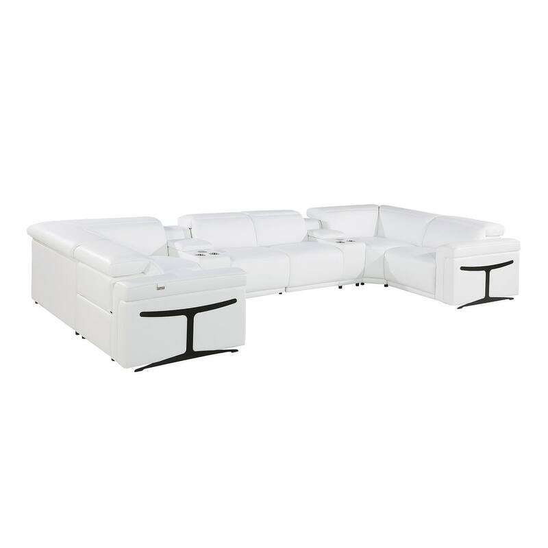 HomeRoots White Italian Leather Power Reclining U Shaped Eight Piece Sectional With Console