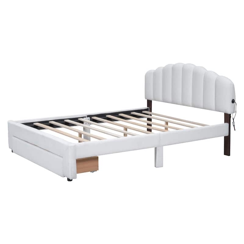 HomeRoots White Tufted Boucle Lighted Queen Bed Frame With USB And Drawer
