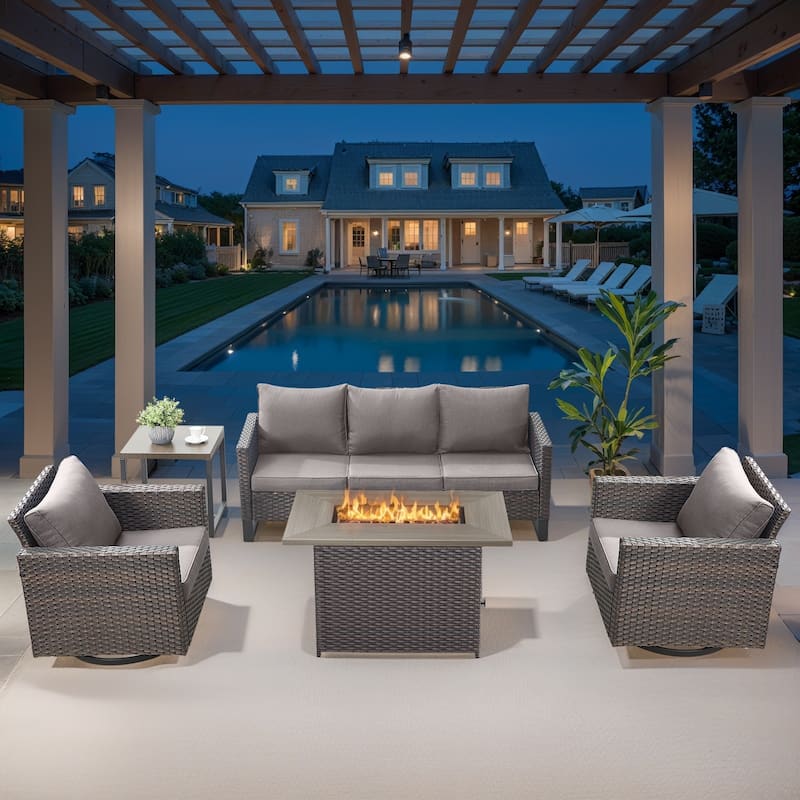 Outdoor Sofa with Swivel Rocker Chairs and Fire Pit Table - Grey - Brown