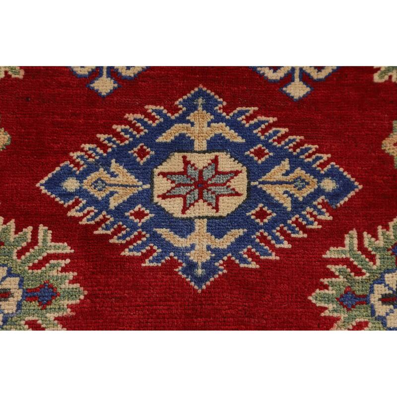 Red Geometric Kazak Oriental Foyer Rug Handmade Wool Carpet - 3'5" x 5'1"