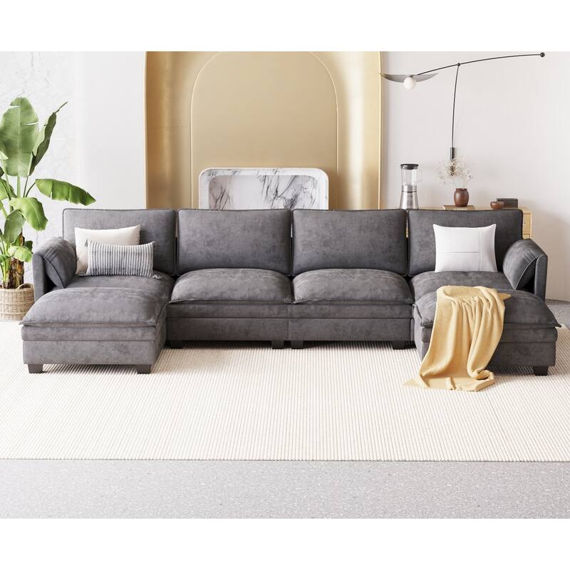 U-Shaped Sectional Sofa with Movable Ottoman, Oversized Fabric Upholstered 6 Seater Sofa, Deep Seat Sofa with Side Pockets