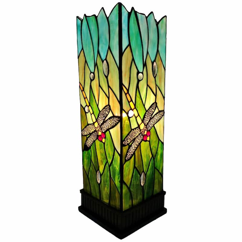 Dark Brown Resin Table Lamp with Green Glass Shade and In Line Switch - 12” x 12” x 18” (D x W x H)