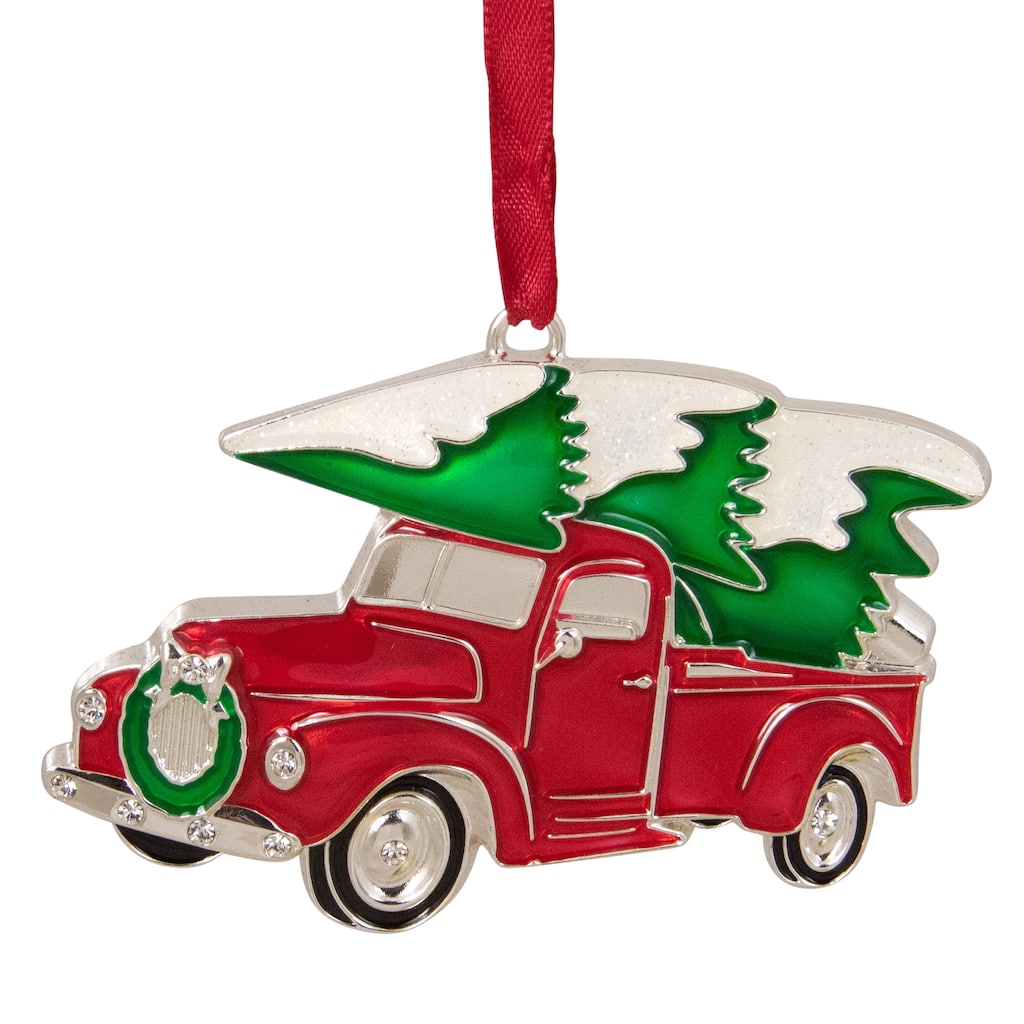 Country Pick Up Truck with European Crystals Christmas Ornament - 3.5" - Red and Green - 2.75"