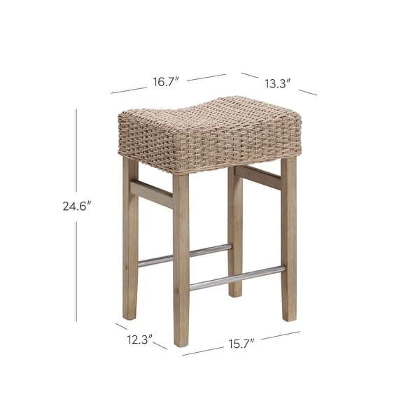 dimension image slide 1 of 2, Harvey Rattan Bar Stool, Bohemian Counter Height Stool with Woven Seagrass Seat, Solid Wood Legs, and Metal Footrest