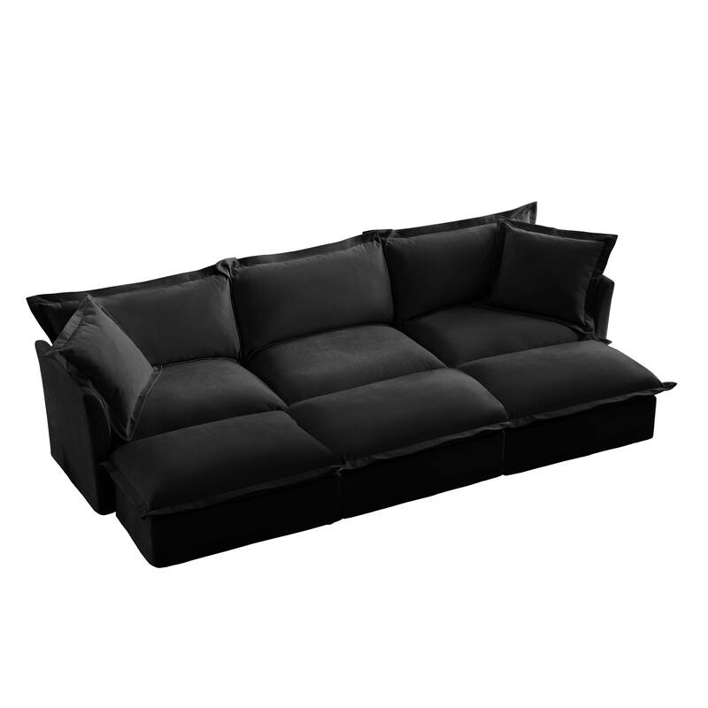 Modern 3-seater upholstered sofa with 3 ottomans and 2 pillows