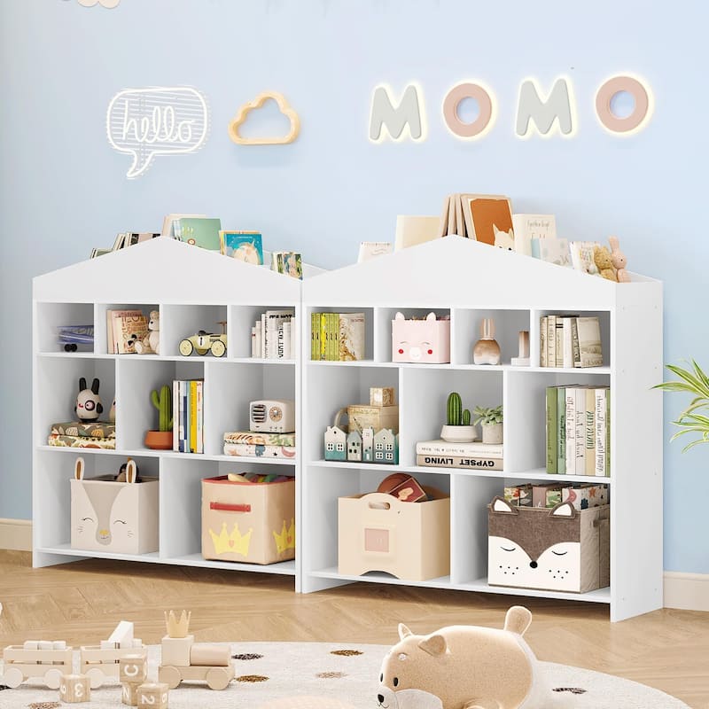 Kids Bookshelf and Toy Storage, 41" Wide 15-Cubby Wooden Bookcase