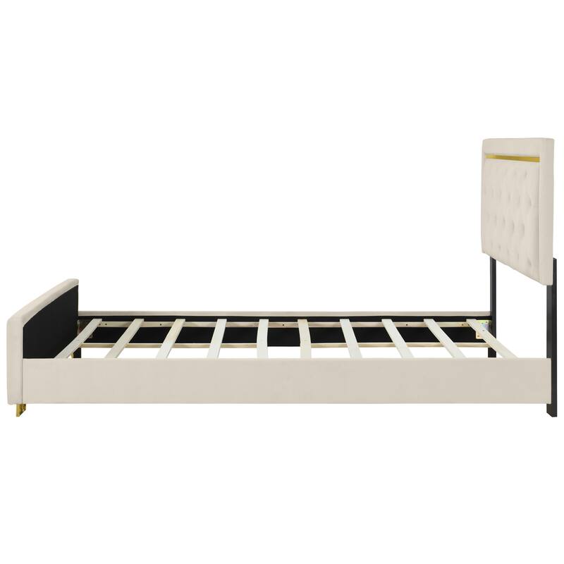 Velvet Upholstered Platform Bed With Pull Point Headboard And Metal Wire Frame