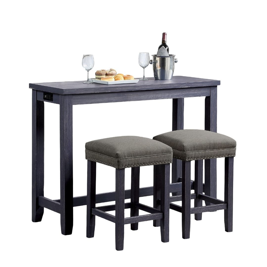 3-Piece Dining Set, Table With USB Port And Power Outlet, 2 Padded Stools, Nailhead Trim