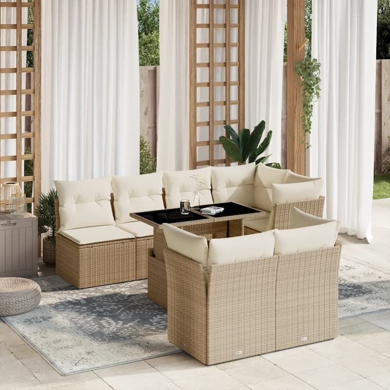 vidaXL Patio Sofa Set with Cushions Outdoor Furniture 8 Piece Poly Rattan - 21.7 x 39.4 x 28.7 in - Beige and cream