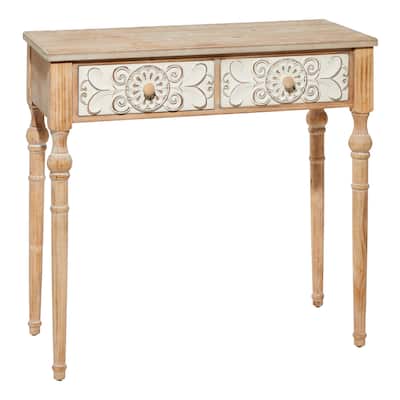 Wood Floral Intricately Carved 2 Drawer Console Table - Brown - Roche River Decor - 16"W x 36"L x 33"H